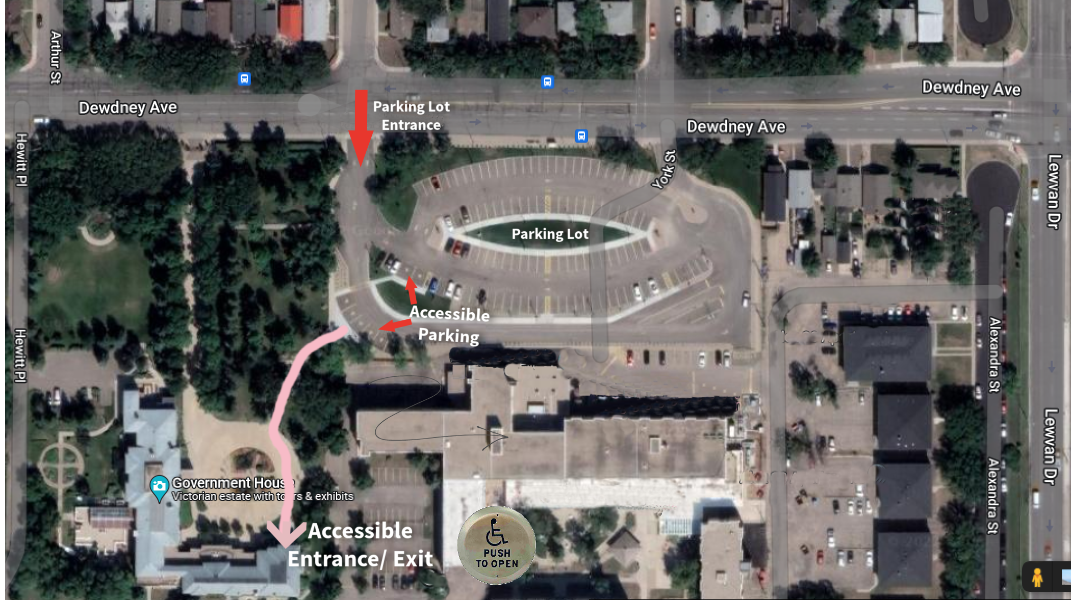 Parking lot map showing full parking lot including accessible parking, accessible pathway to automatic door openers at the entrance to Government House SK
