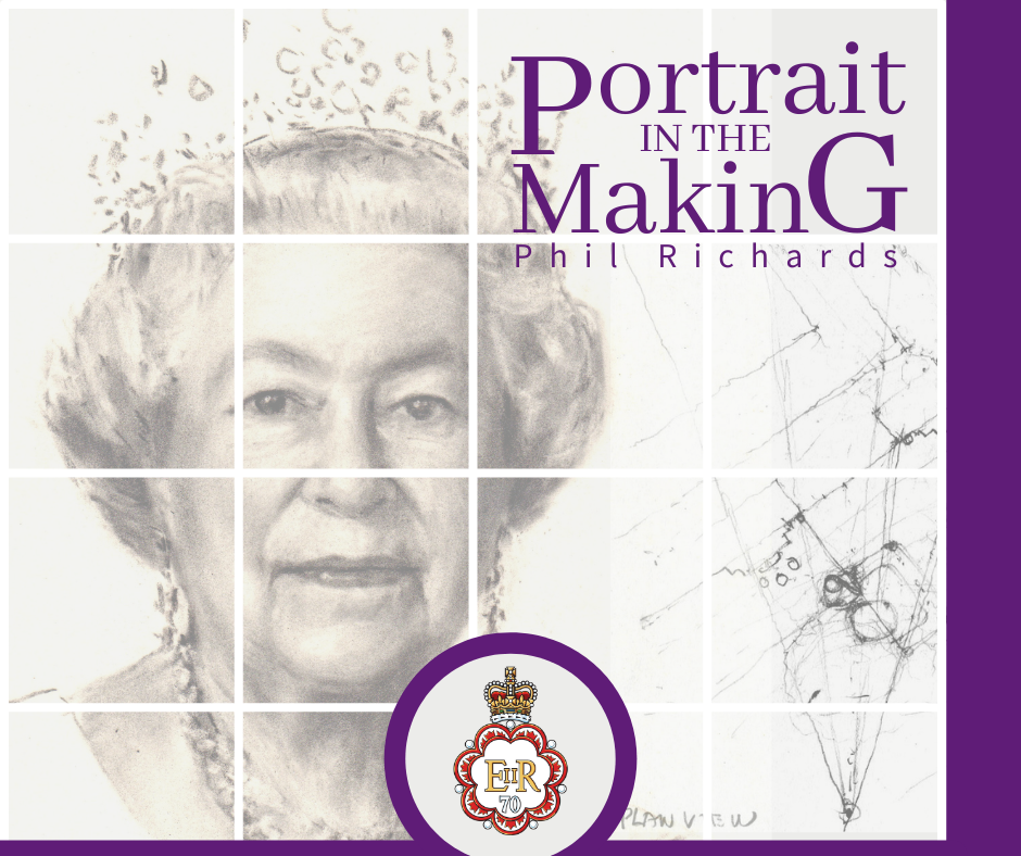 Portrait in the Making main panel showing Queen Elizabeth II and the Platinum Jubilee logo