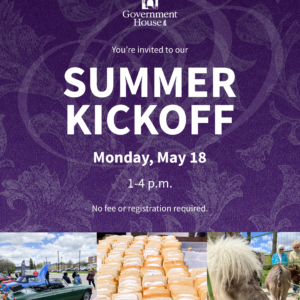Promotional graphic for the Summer Kickoff at Government House, with imagery of a petting zoo, cookies and a car show.