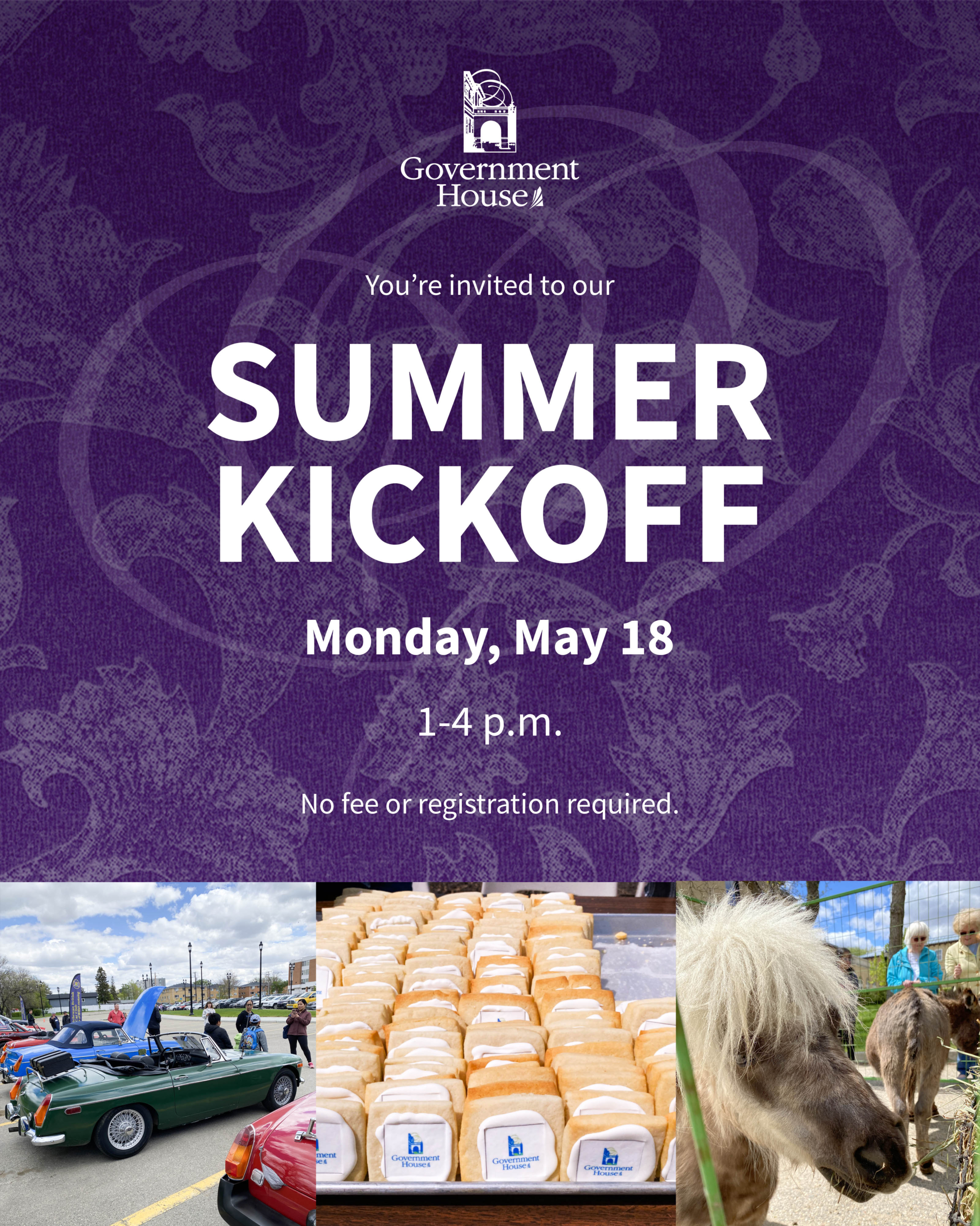 Promotional graphic for the Summer Kickoff at Government House, with imagery of a petting zoo, cookies and a car show.